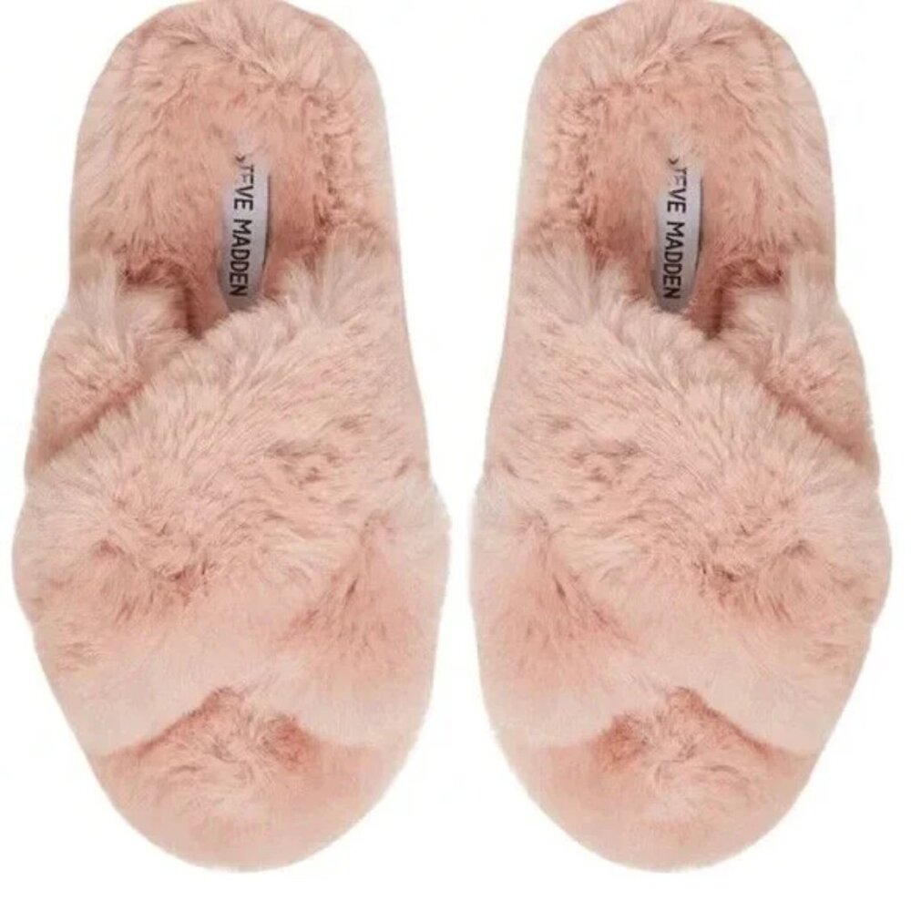 Steve Madden Faux Fur Fluffy Criss Cross Slip On Slippers Blush Size L (9-10)